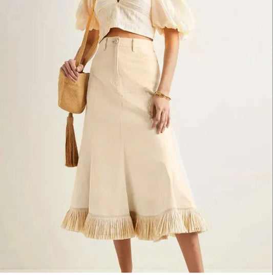 White denim midi skirt