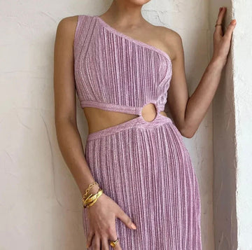 Lurex one shoulder dress in purple